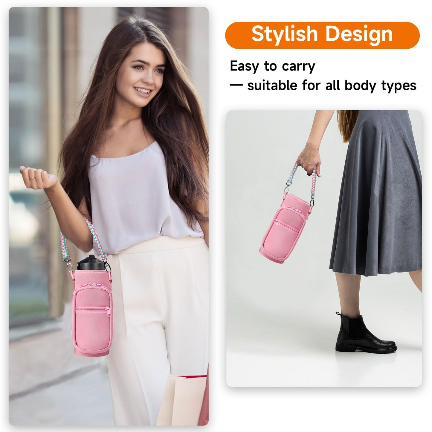 AceTreker 32 oz 40 oz Water Bottle Carrier with Strap, Sport Water Bottle Sleeve with Pocket & Paracord Handle, Insulated Flask Water Bottle Sling Bag for Walking, Hiking-Pink