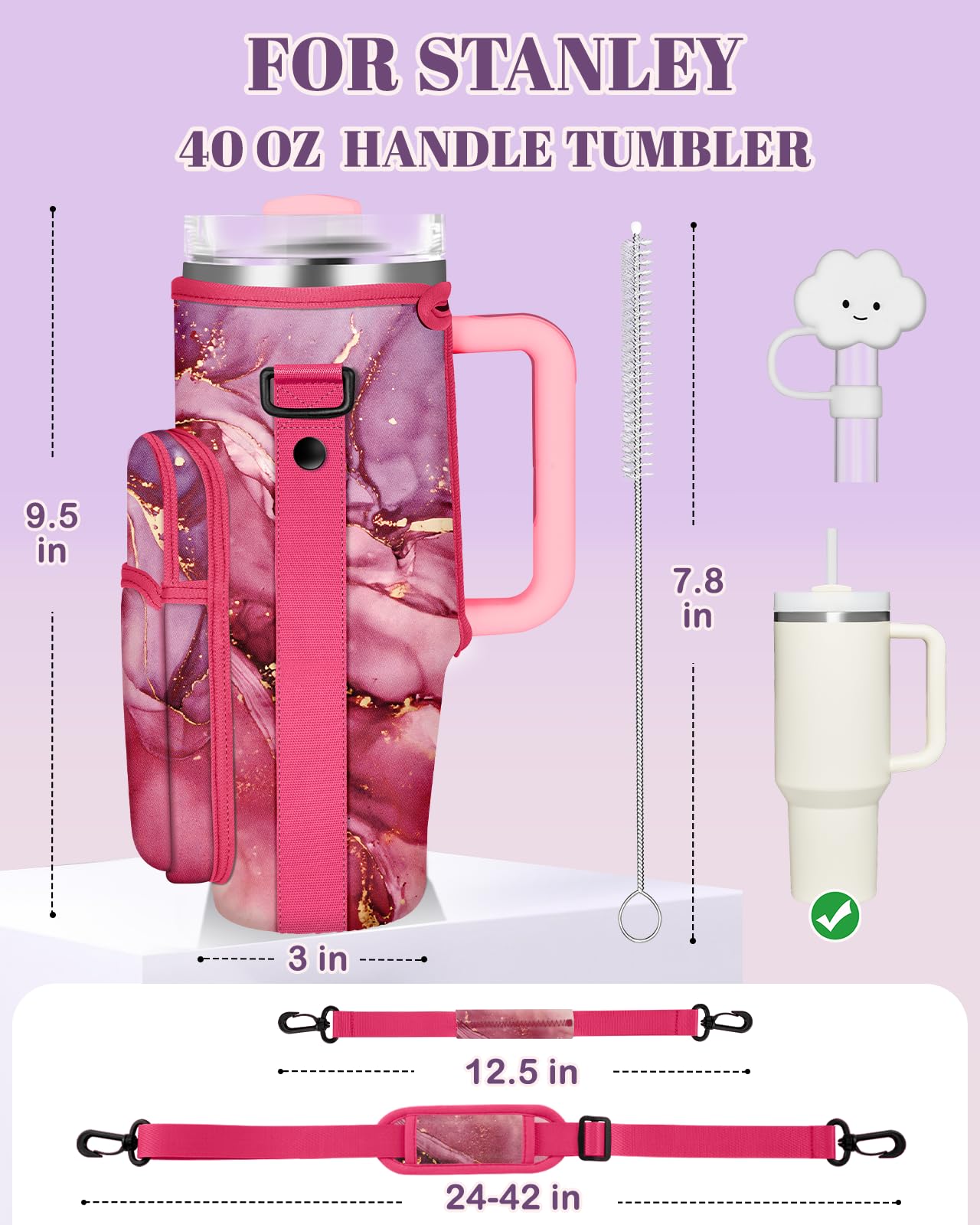 Toykee Water Bottle Holder Carrier Bag for Stanley 40 OZ Tumbler with Strap Phone Pocket, Wrap Around Drink Cup Purse Pouch with Straw Cover Cleaner Brush Accessories Marble Print