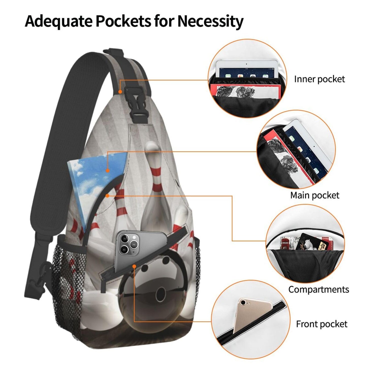 NISENASU Ball Print Sling Bag Crossbody Backpack,Sports Theme Bowling Ball Knocked Down Bowling Pins Ball Team Popular Art Chest Bag Adjustable Casual Shoulder Bag Travel Hiking Daypack