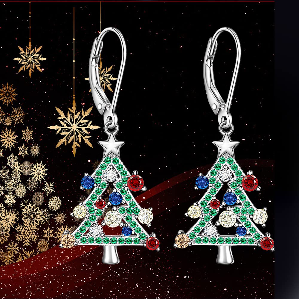 Sterling Silver Christmas Tree Earrings Leverback Dangle Drop Earrings for Women Holiday X-mas Christmas Tree Jewelry