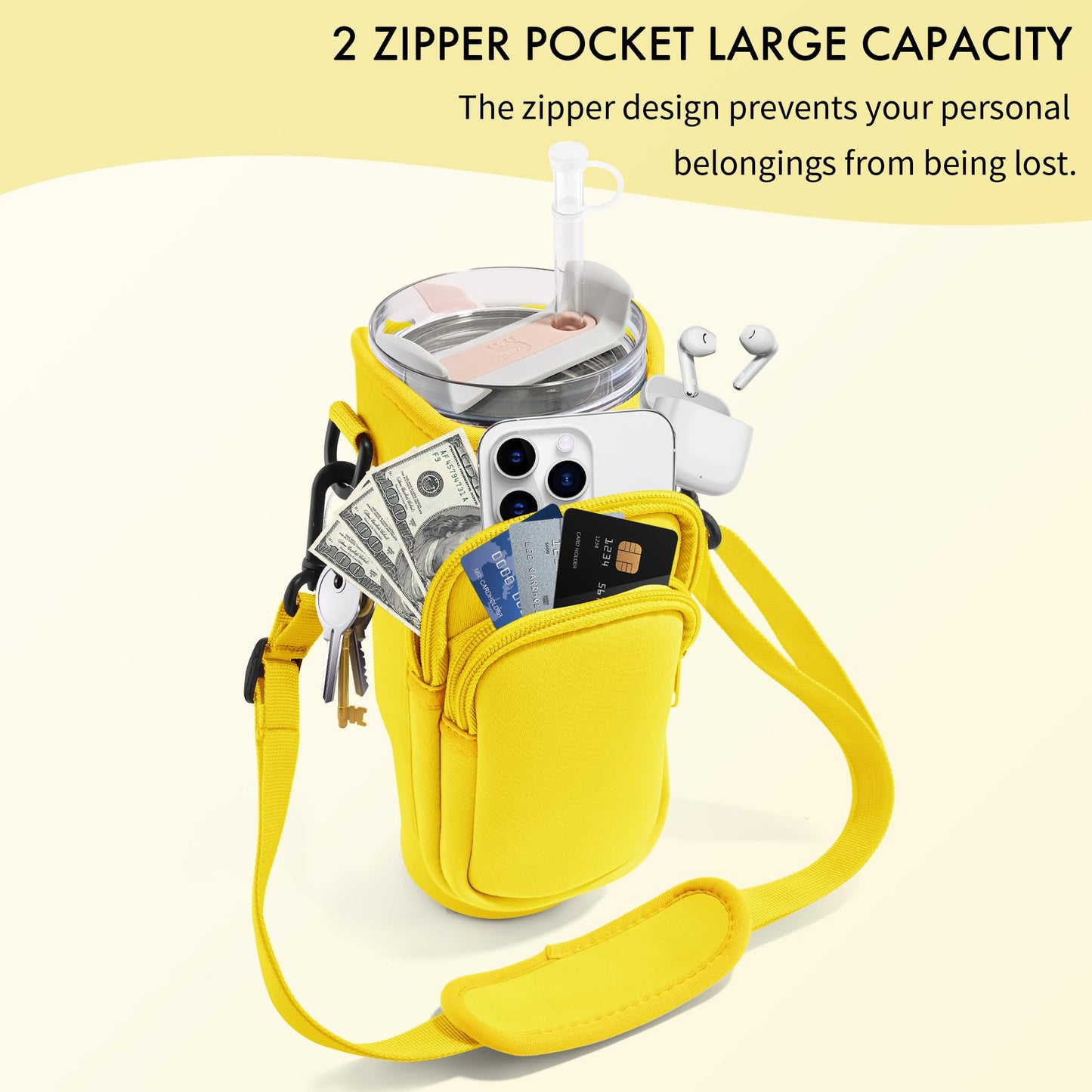 JEBEALUO Water Bottle Carrier Bag with Phone Pocket for Stanley Cup 40/30 oz, Water Bottle Holder with Adjustable Strap& Straw Cover, Stanley Cup Accessories (Yellow)