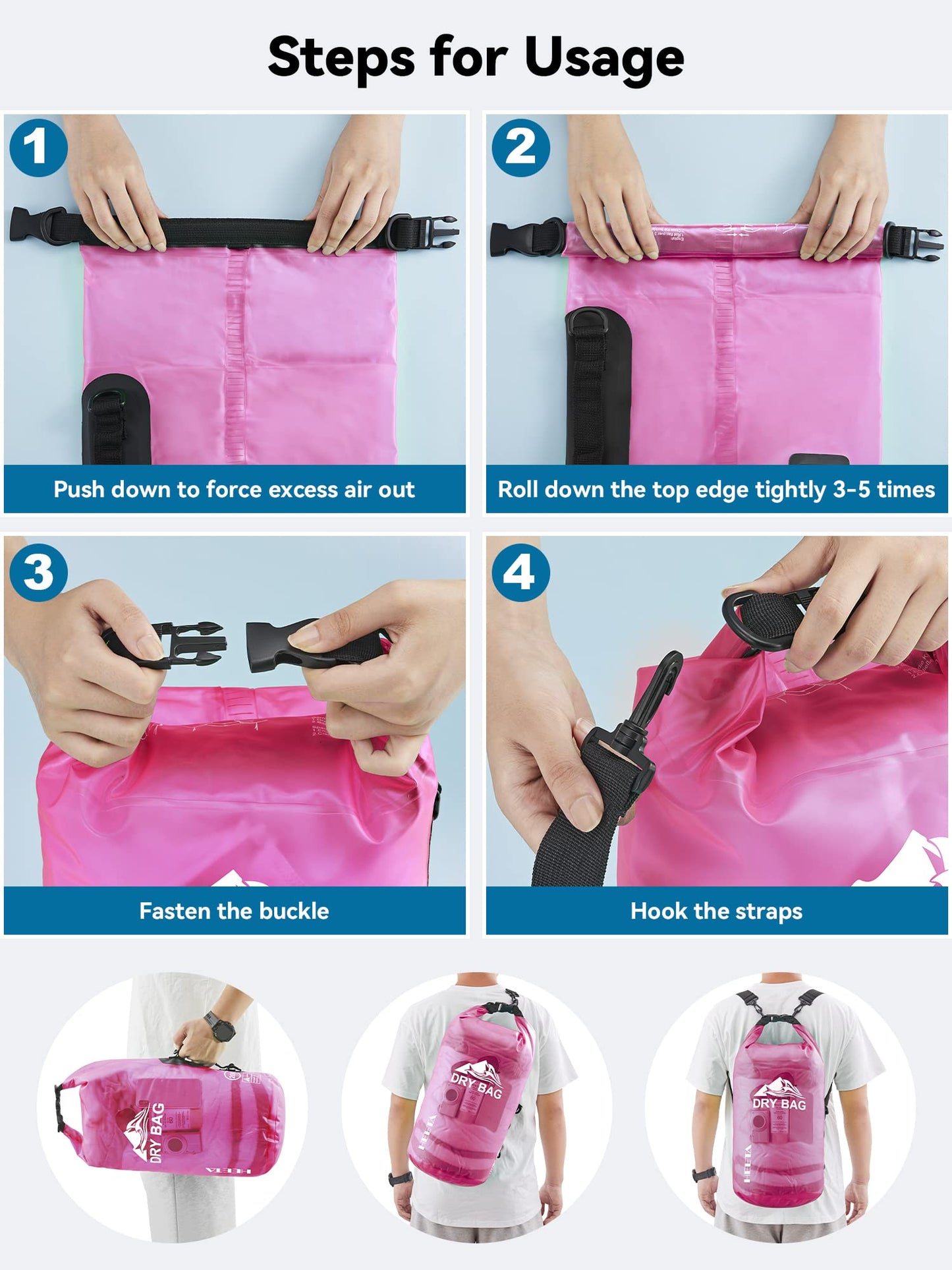 HEETA Waterproof Dry Bag for Women Men, Roll Top Lightweight Dry Storage Bag Backpack with Phone Case for Travel, Swimming, Boating, Kayaking, Camping and Beach, Transparent Rose Red 5L