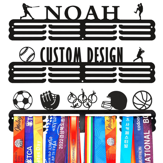 Goutoports Personalized Baseball Medal Hanger with Name Sport Medal Holder Display Rack for Awards Ribbons - Custom Metal Holder - Holds Up to 60 Medals - Birthday for Athlete Boys Girls