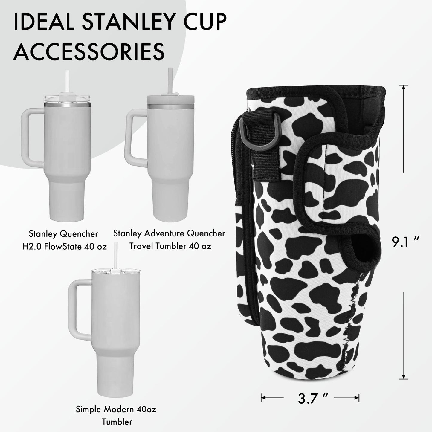 JEBEALUO Water Bottle Carrier Bag with Phone Pocket for Stanley Cup 40/30 oz, Water Bottle Holder with Adjustable Strap& Straw Cover, Stanley Cup Accessories (Cow)