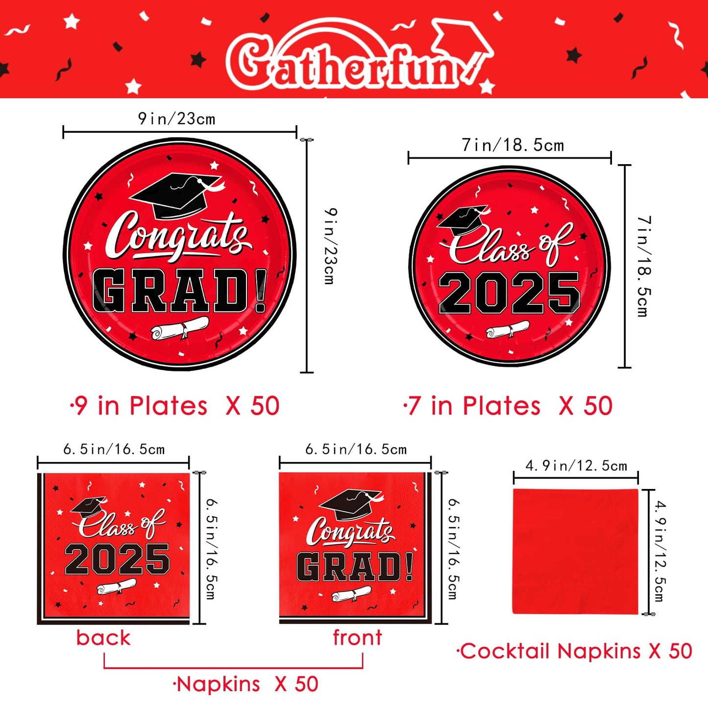 Gatherfun Graduation decorations 2025 Graduation Party Plates and Napkins Red Disposable Paper Plates Luncheon Napkins Cocktail Napkins for Congrats Grad Party Decorations, Serve 50
