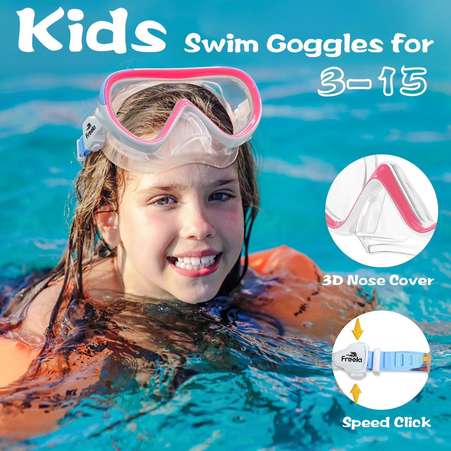 Freela Kids Swim Goggles for Kids Girls Boys 6-14 3-6 8-12 4-7 with Nose Cover, Water Pool Beach Swimming Goggles Mask for Childrens Toddler Age 4 5 Tempered Glass Anti Fog Waterproof 180° Clear View