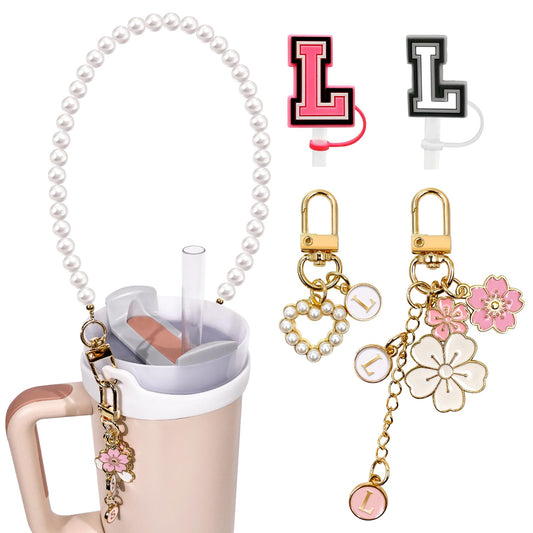 Lingdeer Water Bottle Handle with 2Pcs Letter Charms & 2Pcs Personalized Initial Straw Cover Toppers, Water Bottle Holder Lanyard Sling Carrier Strap, Suitable for 30&40 Oz Stanley Cup Accessories (L)