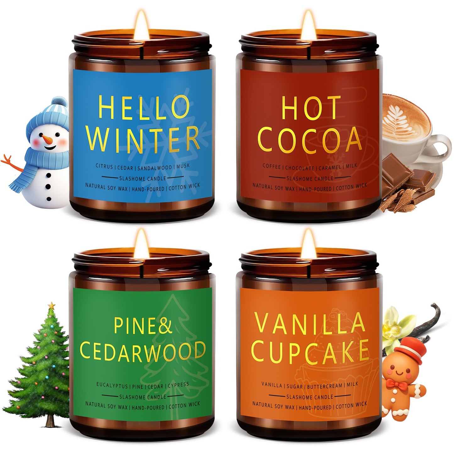Winter Candle Set | 4 Pack Scented Candles for Home | Holiday Gifts for Women Men | Soy Candles for Home Scented | Christmas Scents of Hello Winter/Pine&Cedarwood/Hot Cocoa/Vanilla Cupcake