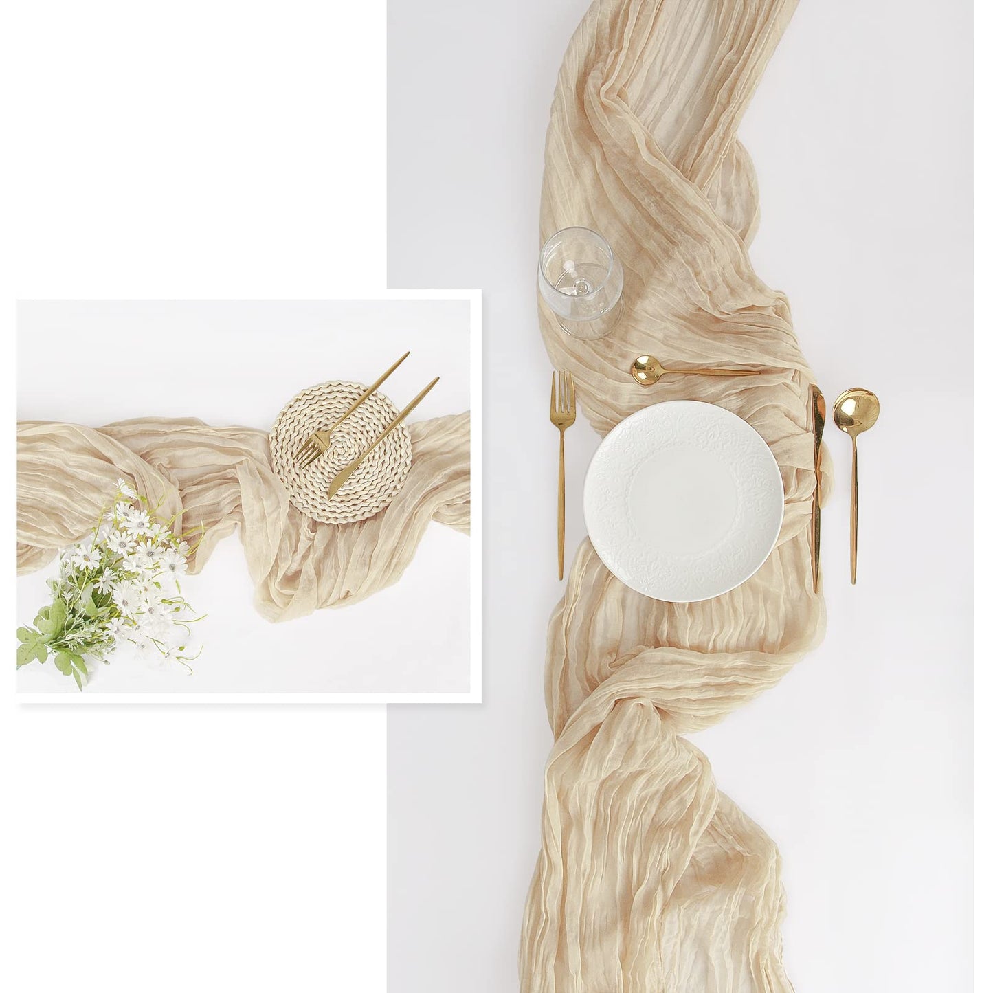 FEXIA 6 Pack Beige Gauz Table Runner 35x120 Inches for Centerpiece Table Decorations Ivory Cheesecloth Rustic Boho Table Runner for Bridal Shower Wedding Party First Communion Centerpiece Engagement