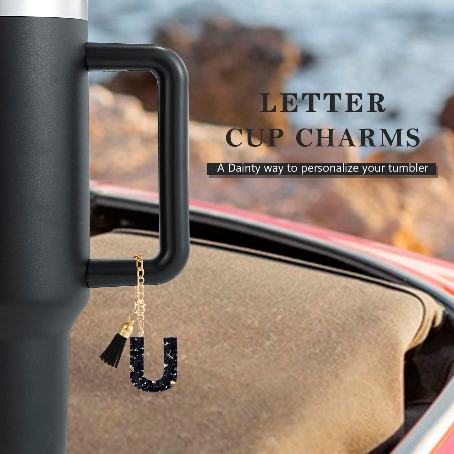 Letter Charm Accessories for Stanley Cup 1 PCS Cute Initial Keychain Handle Charm for Stanley Tumbler for Women Black Letter U