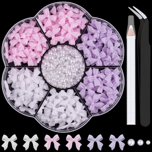 1 Box 3D Bow Charms and Flatback Pearls Set 3, 120 Pcs Cute Bow Charms for Design + 2-4mm White Pearls With Pickup Tweezer and Pencil for Nail Art Decoration