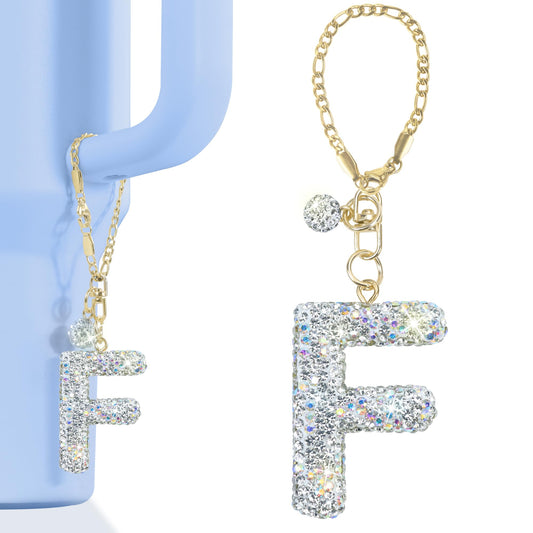 Mokoart Glitter Letter Tumbler Accessories for Stanley Cup, Water Bottle Chain for Stanley/Simple Modern Tumbler with Handle, Cute Initial Name ID with Bling Letter for Stanley Cup Accessories (F)