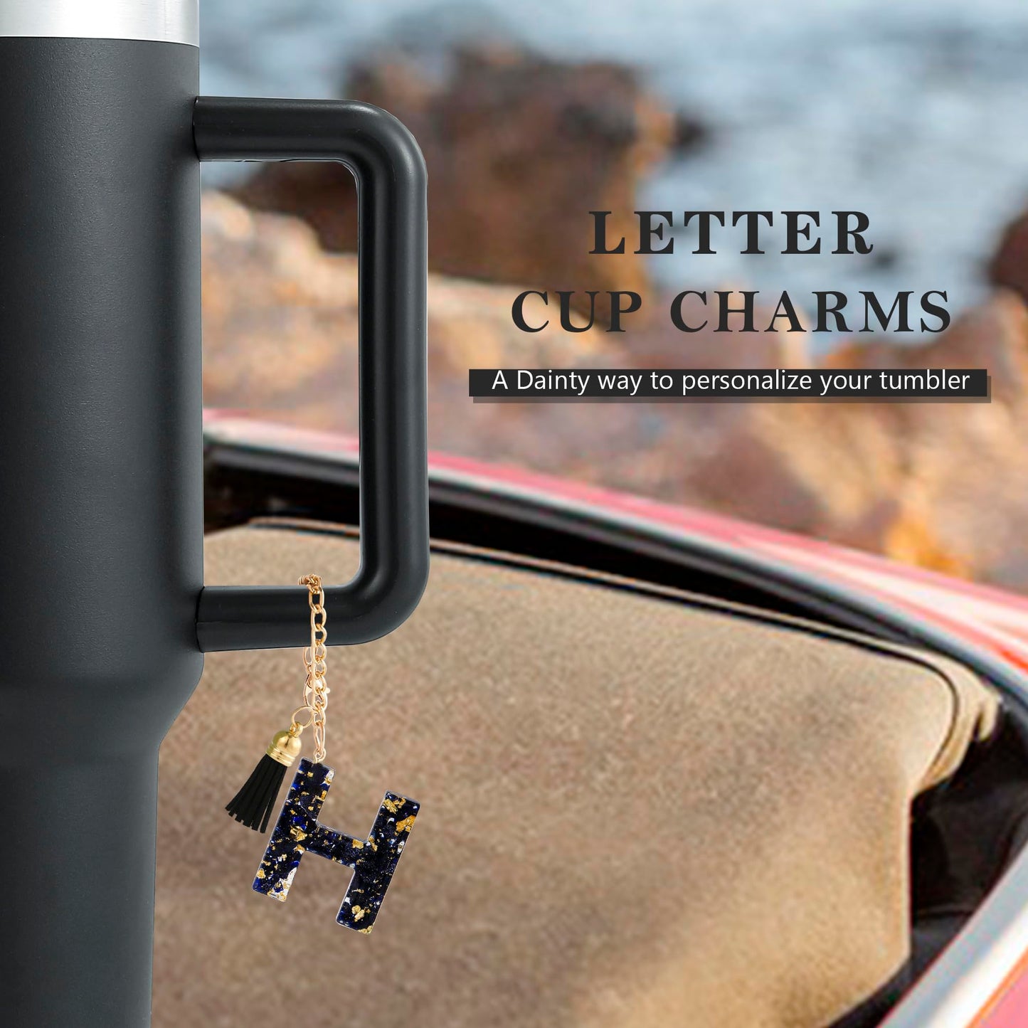 Letter Charm Accessories for Stanley Cup 1 PCS Cute Initial Keychain Handle Charm for Stanley Tumbler for Women Black Letter H