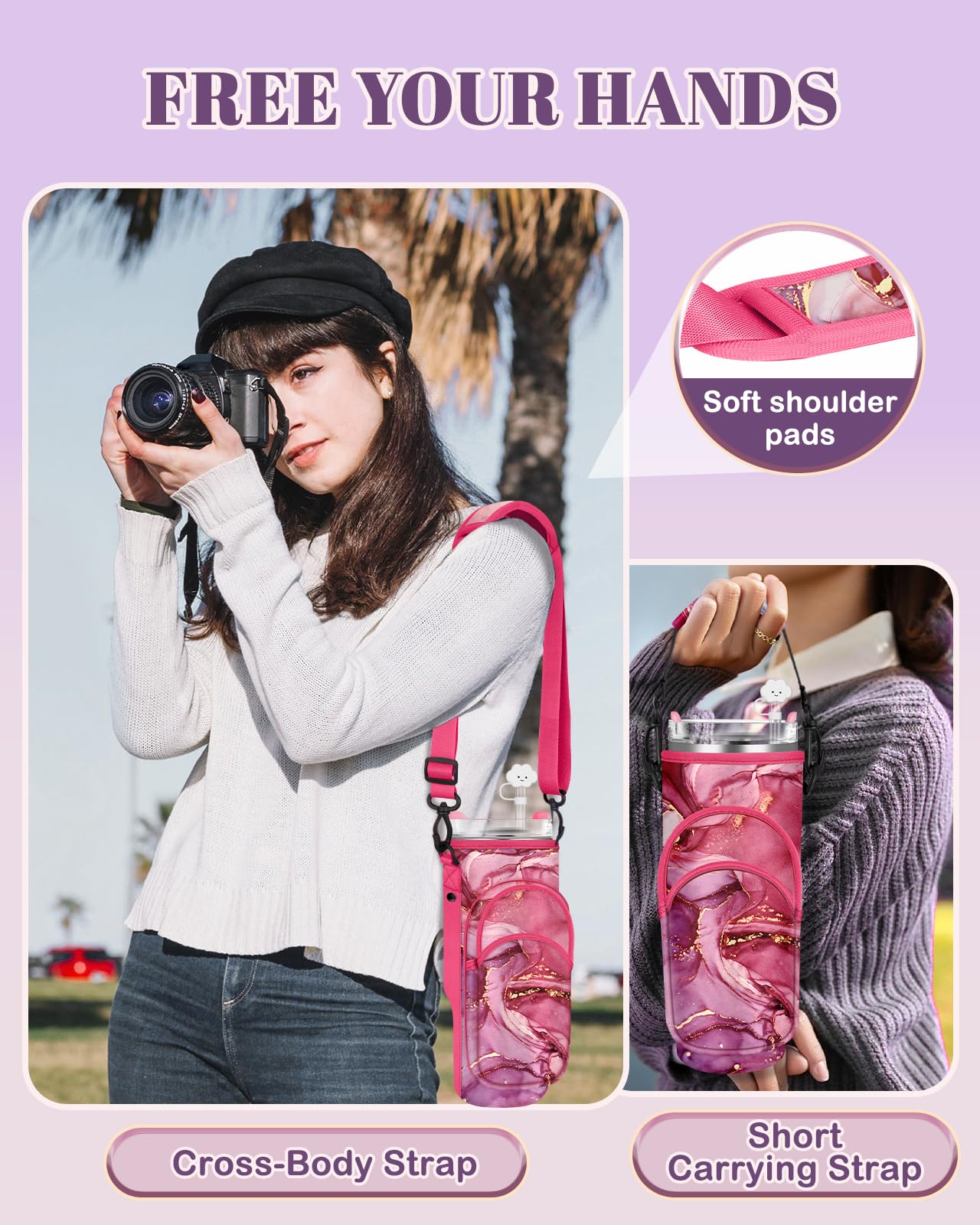 Toykee Water Bottle Holder Carrier Bag for Stanley 40 OZ Tumbler with Strap Phone Pocket, Wrap Around Drink Cup Purse Pouch with Straw Cover Cleaner Brush Accessories Marble Print