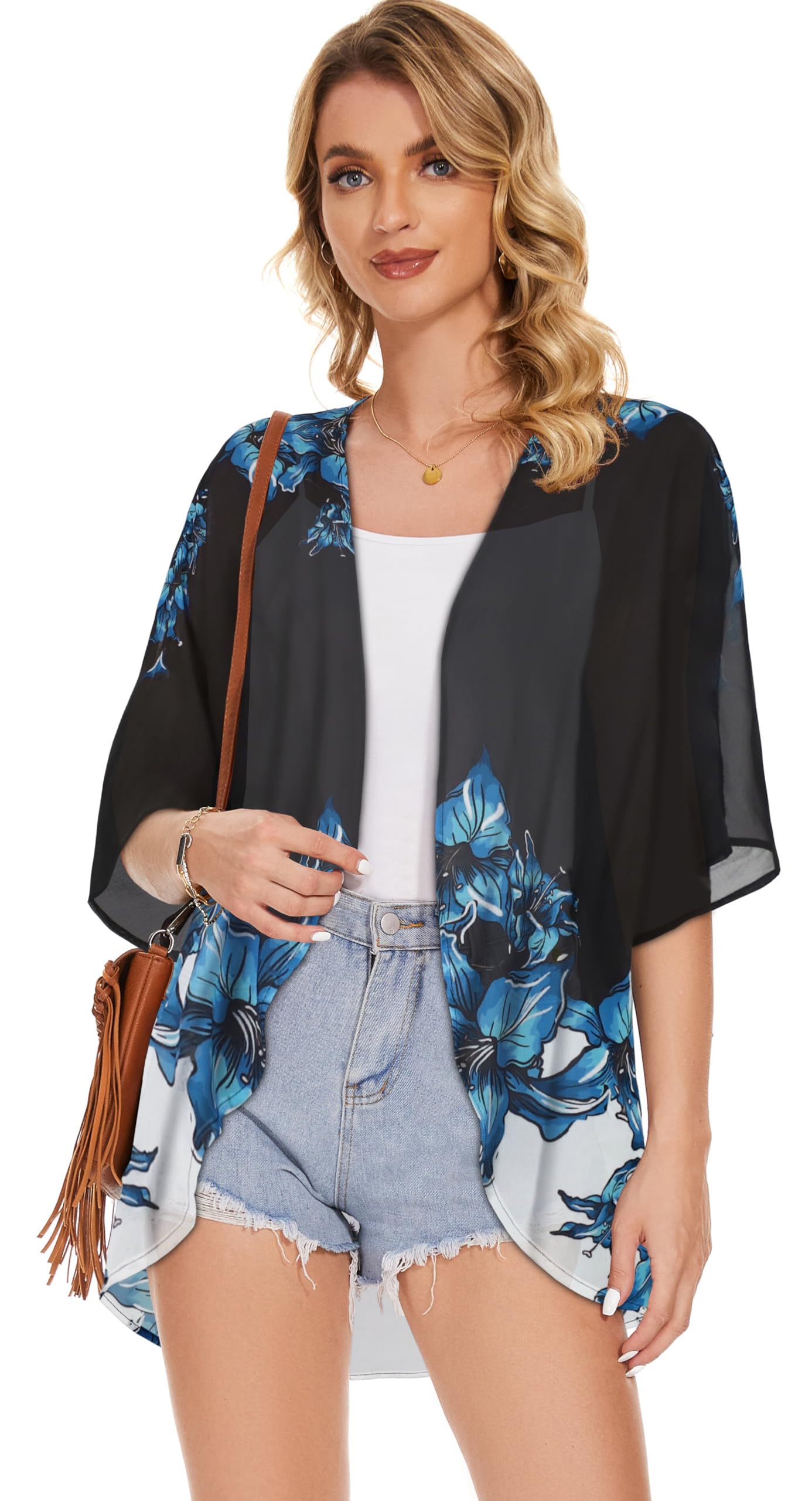 Women's Floral Print Puff Sleeve Kimono Cardigan Loose Cover Up Casual Blouse Tops(Black Blue Floral,S)