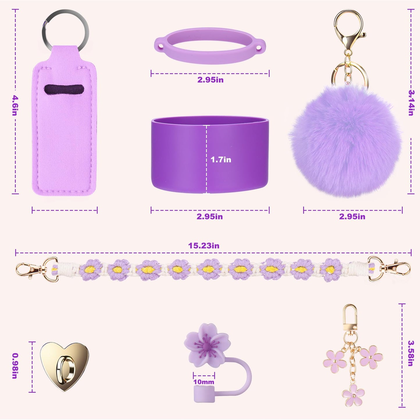 Mity rain 8PCS Cup Accessories for Stanley Cup 30oz 40oz Tumbler with Handle, Including Water Bottle Handle Strap, Chapstick Holder, Boot, Keychain Charms, Straw Topper Cover Cap for Stanley (Purple)