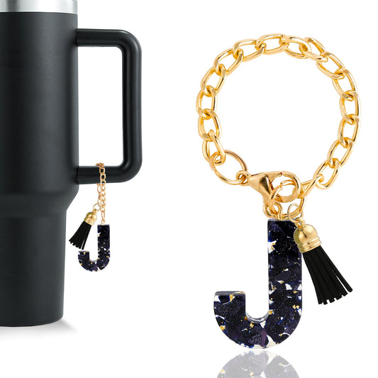 Letter Charm Accessories for Stanley Cup 1 PCS Cute Initial Keychain Handle Charm for Stanley Tumbler for Women Black Letter J