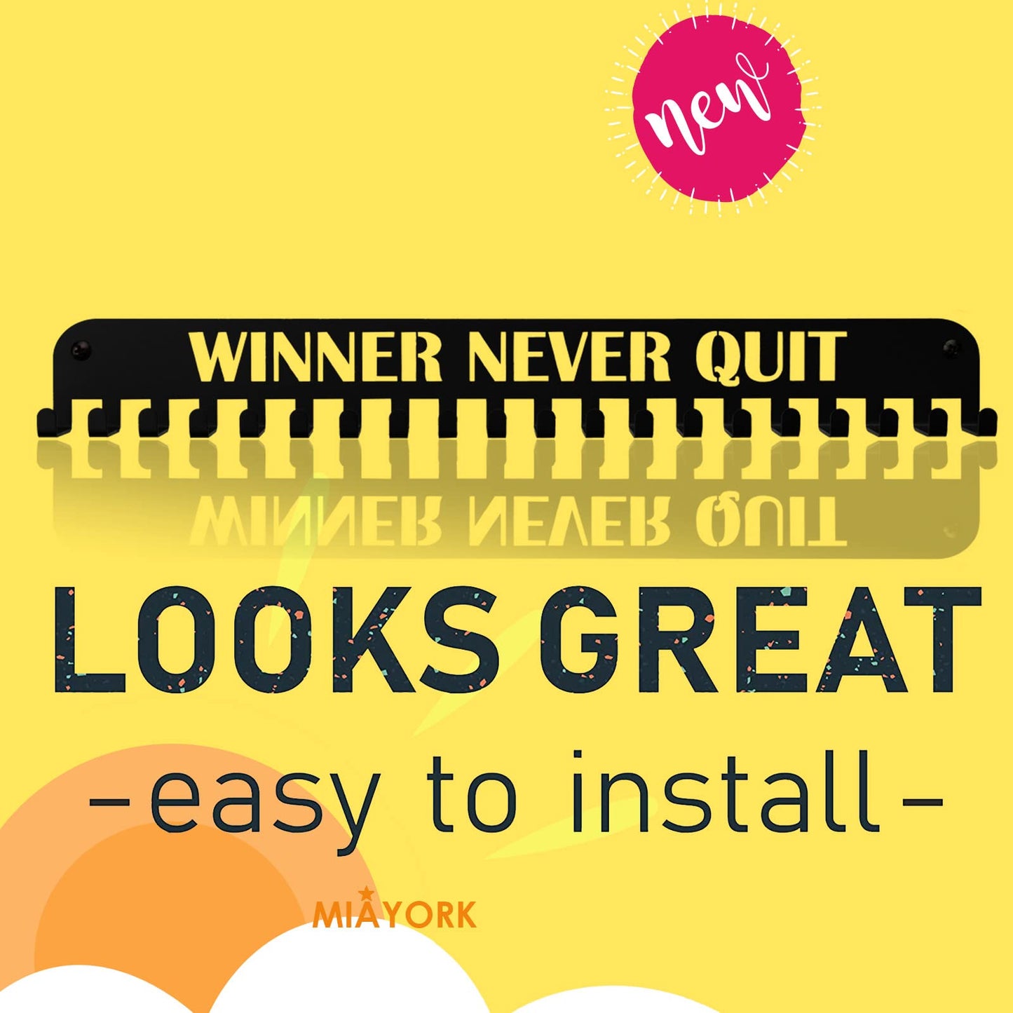Miayork Medal Holder Display Hanger Race Rack Ribbon Wall Frame with 20 Hanging Hooks Easy Use Easy Install-Run Wrestling Kids Swim Cheer Medal Holder Display Rack in Black Effect-WINNER NEVER QUIT