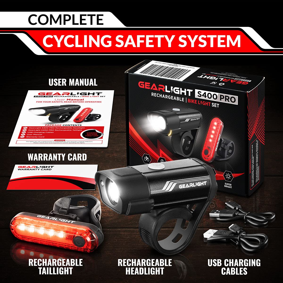 GearLight Rechargeable Bike Light, Headlight and Tail Light Set, Powerful Front and Back Lights for Night Riding Safety, Night Riding Accessories, White Elephant Stocking Stuffer for Men - Black, Red