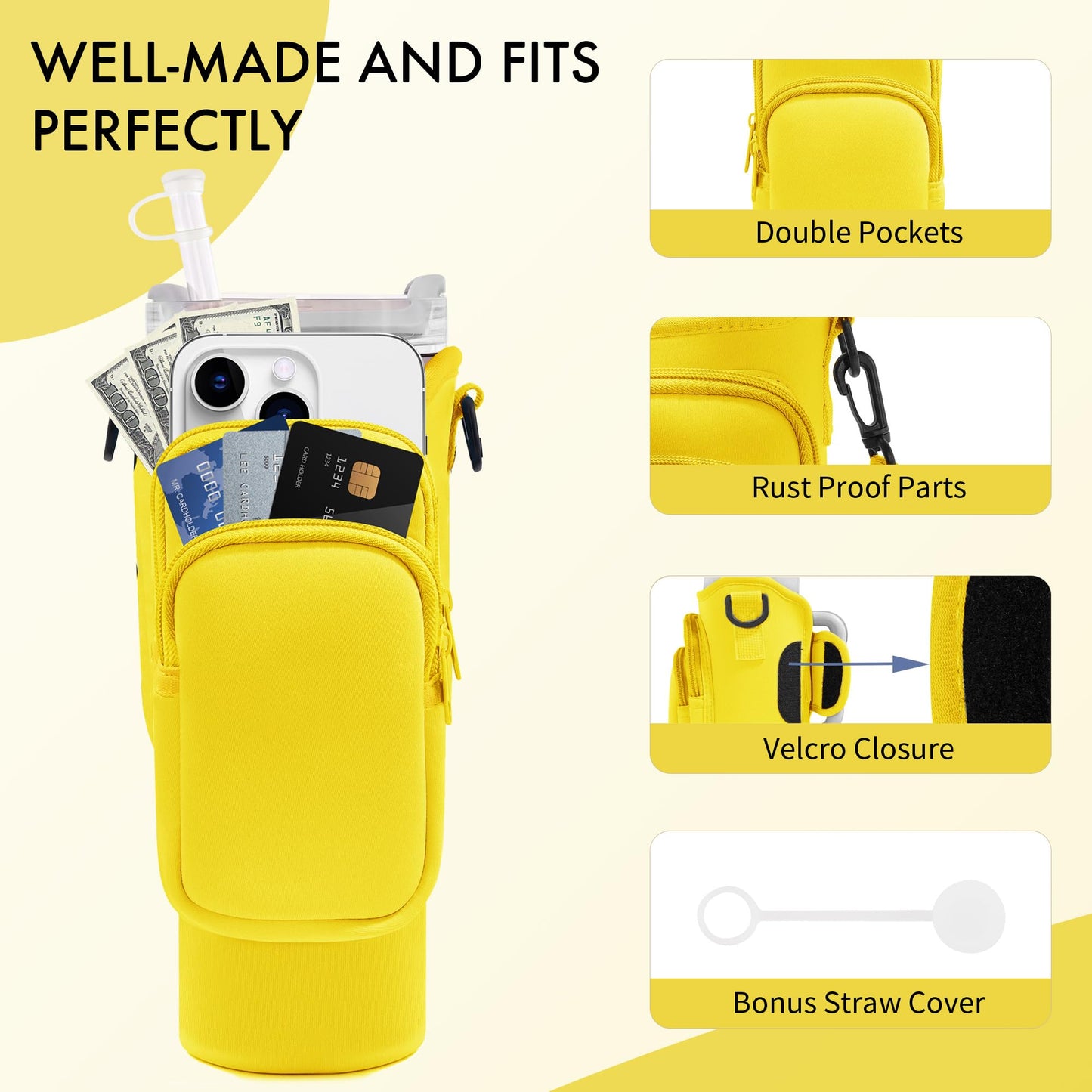 JEBEALUO Water Bottle Carrier Bag with Phone Pocket for Stanley Cup 40/30 oz, Water Bottle Holder with Adjustable Strap& Straw Cover, Stanley Cup Accessories (Yellow)