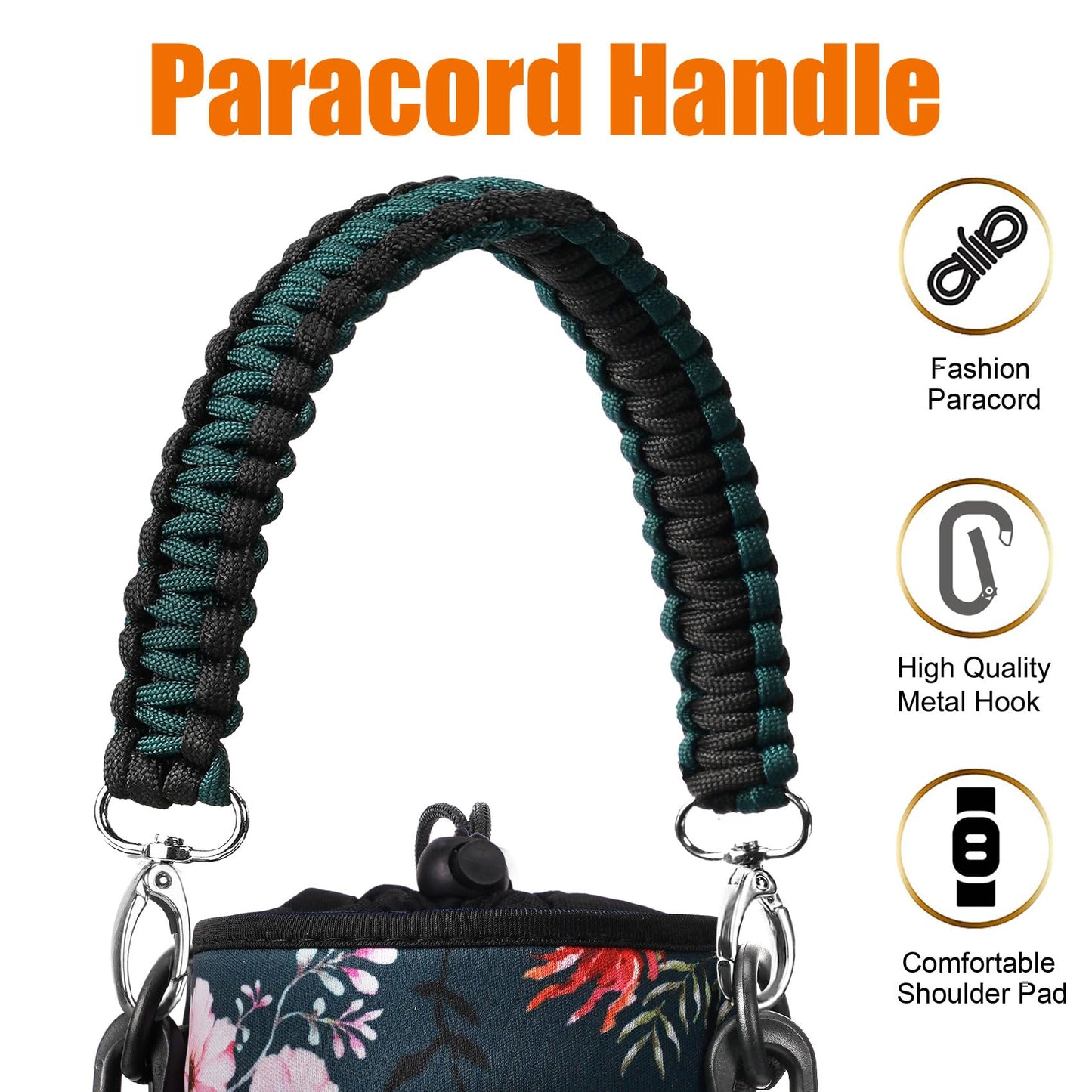 AceTreker 32 oz 40 oz Water Bottle Sleeve, Neoprene Insulated Water Bottle Sling Holder Bag with Adjustable Shoulder Strap & Paracord Handle for Men Women Walking Wild Rose