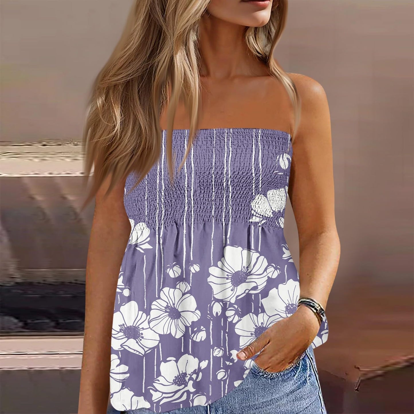 Generic Black Tube Tops for Women Strapless Tops for Women with Sleeves Smocked Tube Top Long Strapless Knit Top Plus Size Bandana Tops for Women White Tube Bra 4 of July Shirts（Large,3-Purple）
