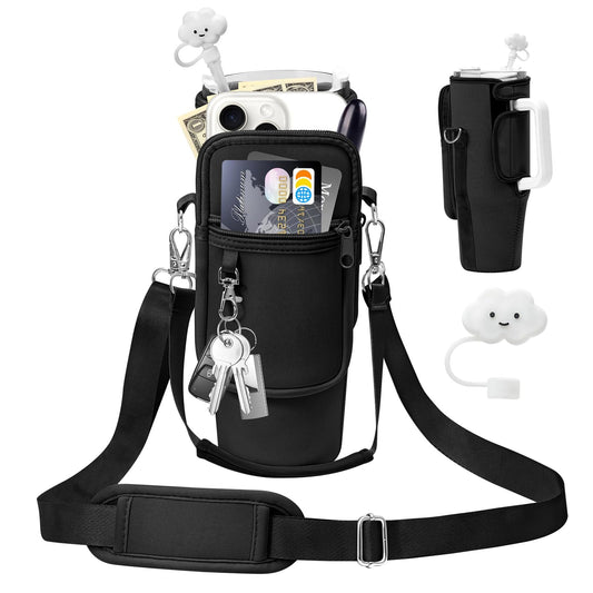 Water Bottle Holder with Strap Pouch and Handle fits for Stanley 30 oz Tumbler, Water Bottle Carrier Bag with 4.9FT Strap, Bottle Pouch for Stanley Cup Accessories