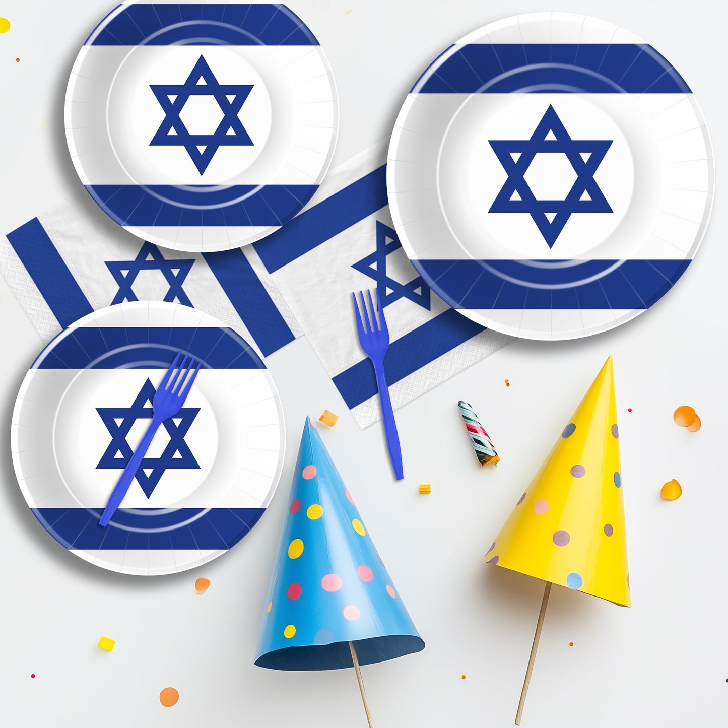 FVABO Israel Flag Party Decorations Tableware, Israeli Flag Party Supplies, Paper Plate, Napkin, Fork, for Israeli Independence Day or Jewish Patriotic Holiday, Serves 24