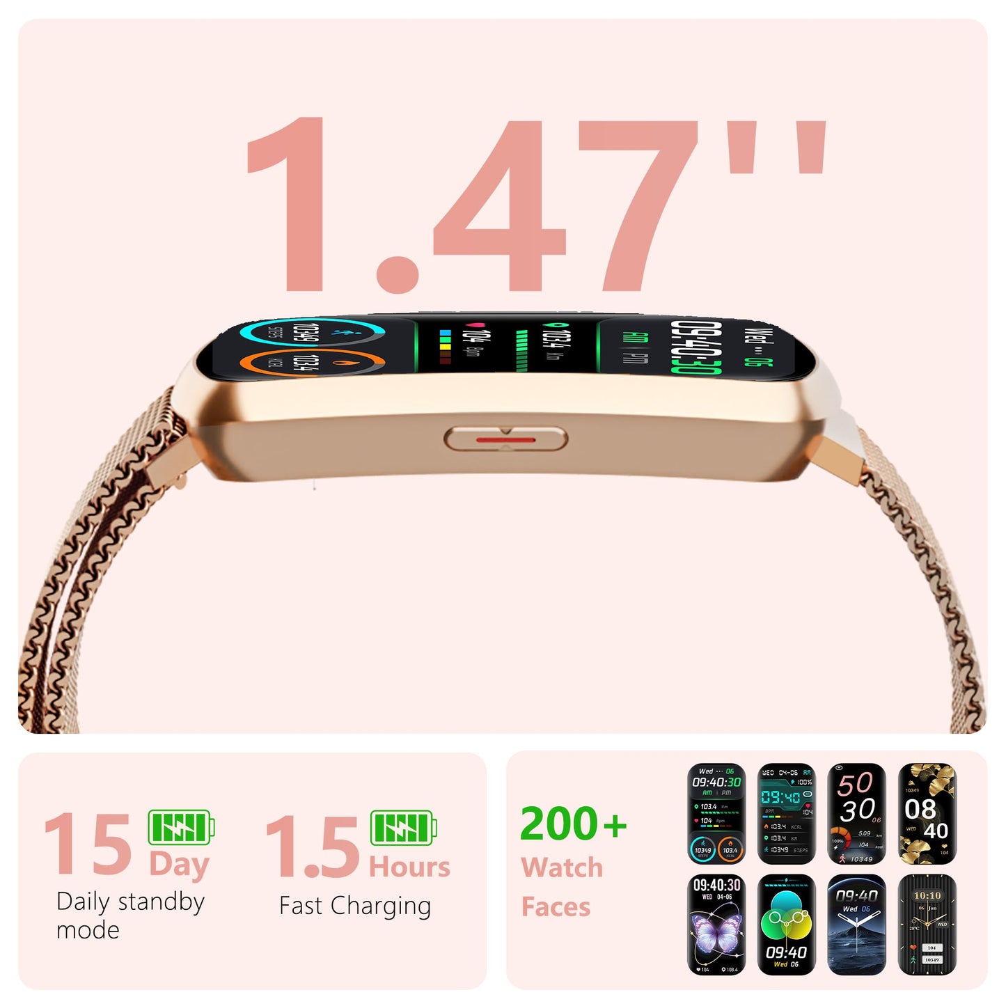 JYUAJOI Health Fitness Tracker, Smart Watch with 24/7 Heart Rate and Blood Pressure Monitor, Activity Tracker with Blood Oxygen, 120 Sport Mode Waterproof Sleep Tracker for Women Men (Pink Gold)