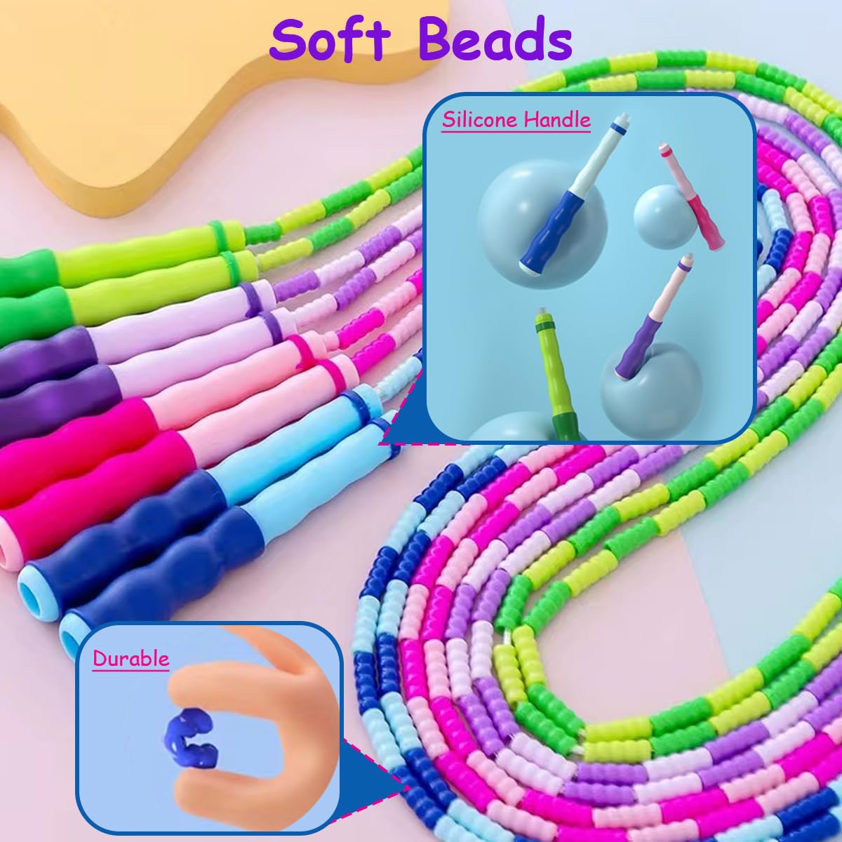 TYSISKNO 3 Pack Jump Rope for Kids Girls and Boys, Soft Beaded Jump Ropes, Adjustable Skipping Rope, Workout and Weight Loss,9.2Ft(Blue&Green&Purple)