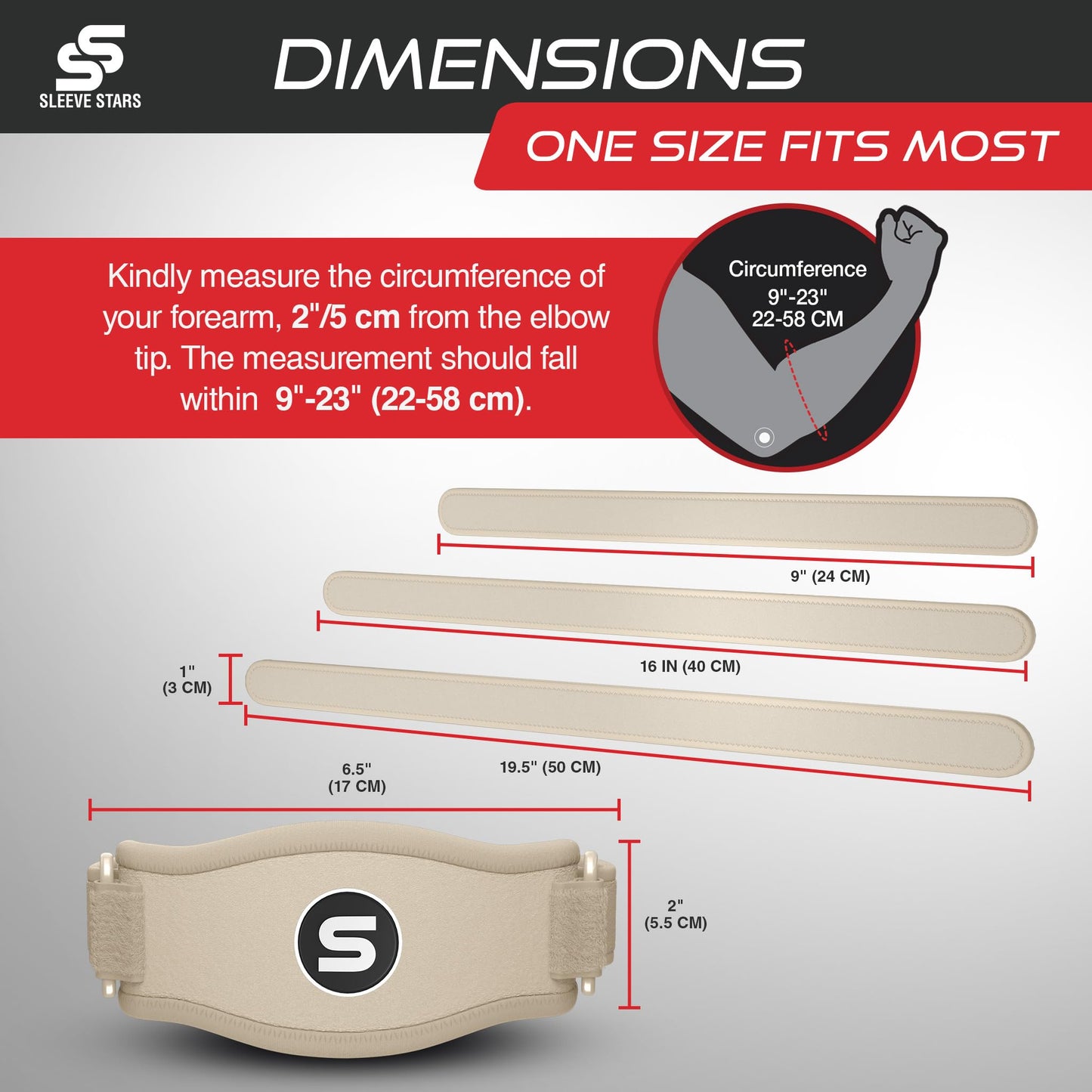 Sleeve Stars Tennis Elbow Brace for Men & Women, Tendonitis Elbow Brace & Strap Golfers Elbow Brace Counterforce Band for Tendon Pain Relief & Support for Forearm w/ 3 Straps Fits 9-23" (Single/Beige)