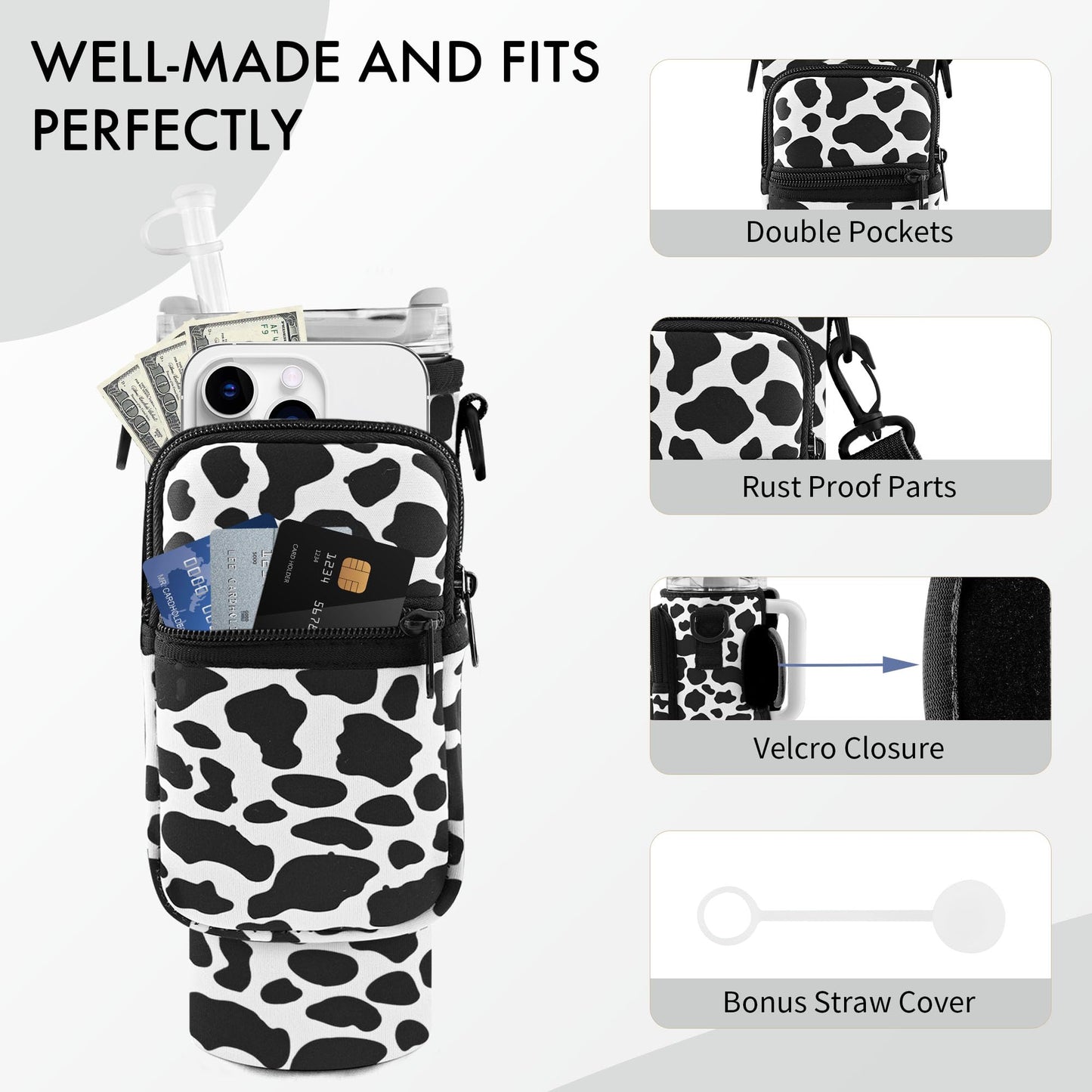 JEBEALUO Water Bottle Carrier Bag with Phone Pocket for Stanley Cup 40/30 oz, Water Bottle Holder with Adjustable Strap& Straw Cover, Stanley Cup Accessories (Cow)