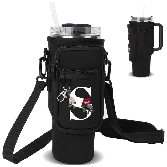 Water Bottle Carrier Bag with Strap Pouch for Stanley 40 oz Tumbler Cup Accessories, Neoprene Water Bottle Holder Phone Pocket Personalized Initial A-Z Flower Design Mother's Day Gift (S, Black)