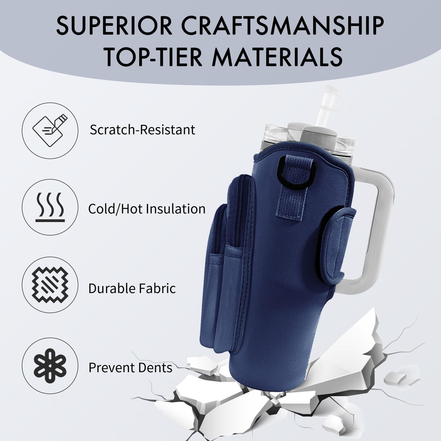JEBEALUO Water Bottle Carrier Bag with Phone Pocket for Stanley Cup 40/30 oz, Water Bottle Holder with Adjustable Strap& Straw Cover, Stanley Cup Accessories (Prussian Blue)