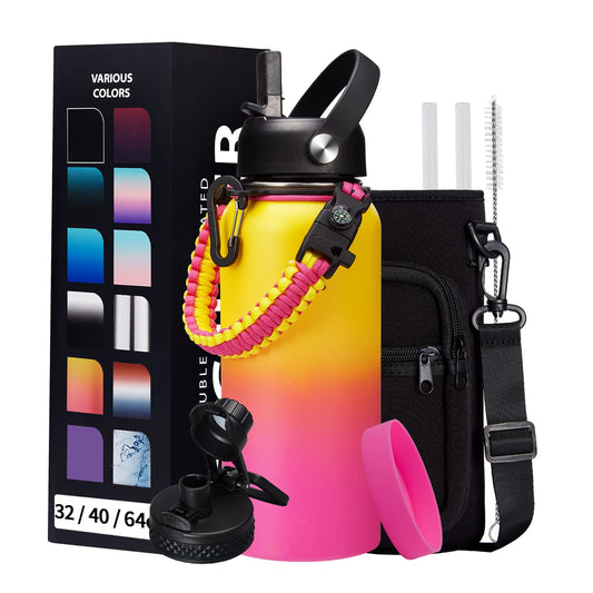 32/40/64oz Insulated Water Bottle with Paracord Handle, Sleeve Carry Strap, Straw Spout Lid, Wide Mouth Metal Canteen Sports Thermo Mug, Leak & Sweat Proof Cold Flask Jug for Camping Traveling