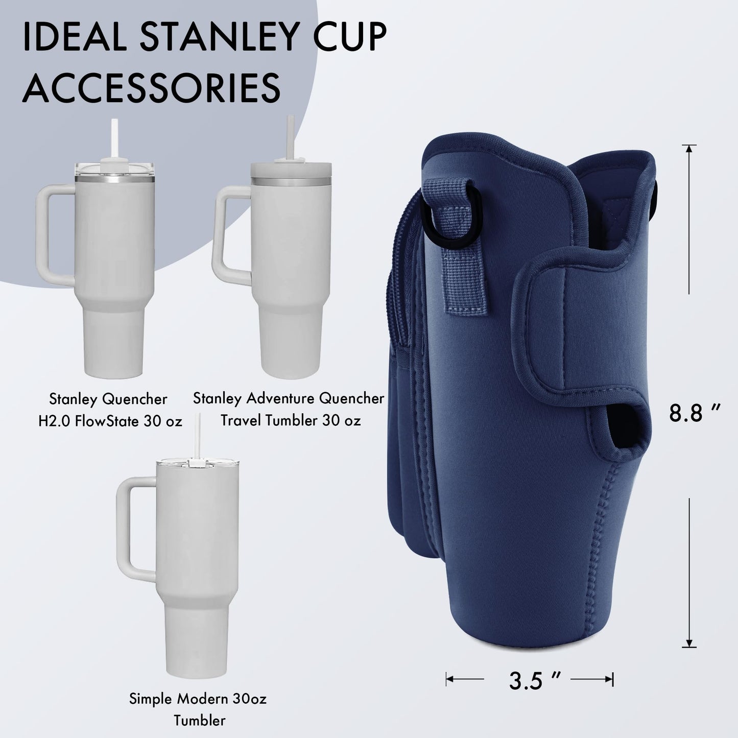 JEBEALUO Water Bottle Carrier Bag with Phone Pocket for Stanley Cup 40/30 oz, Water Bottle Holder with Adjustable Strap& Straw Cover, Stanley Cup Accessories (Prussian Blue)