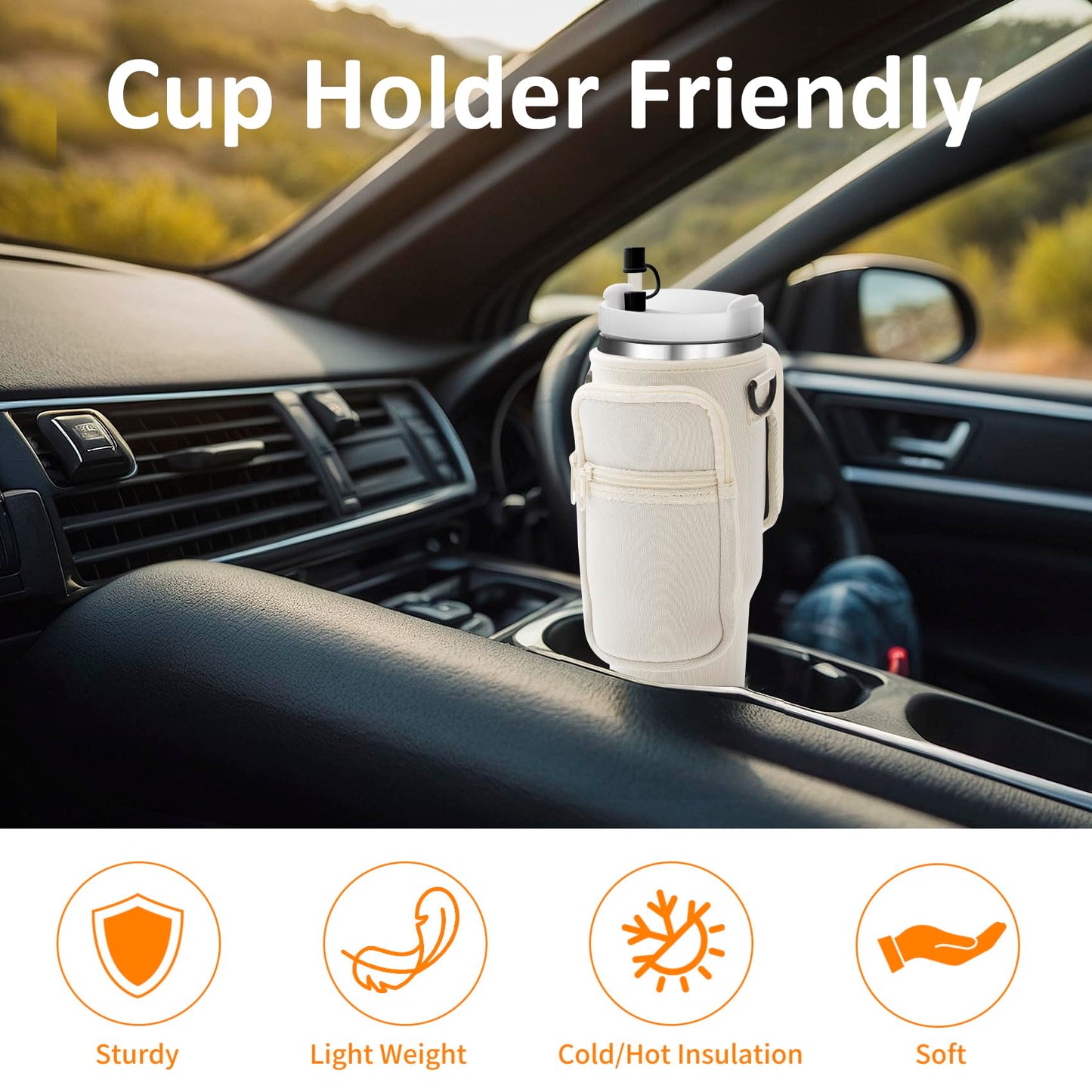 AceTreker Water Bottle Sleeve Bag with Paracord Handle for Stanley 30/40 oz Tumbler Insulated Thermos Cup Carrier Sling with Phone Pocket & Straw Cover for Stanley Cup Accessories-Cream