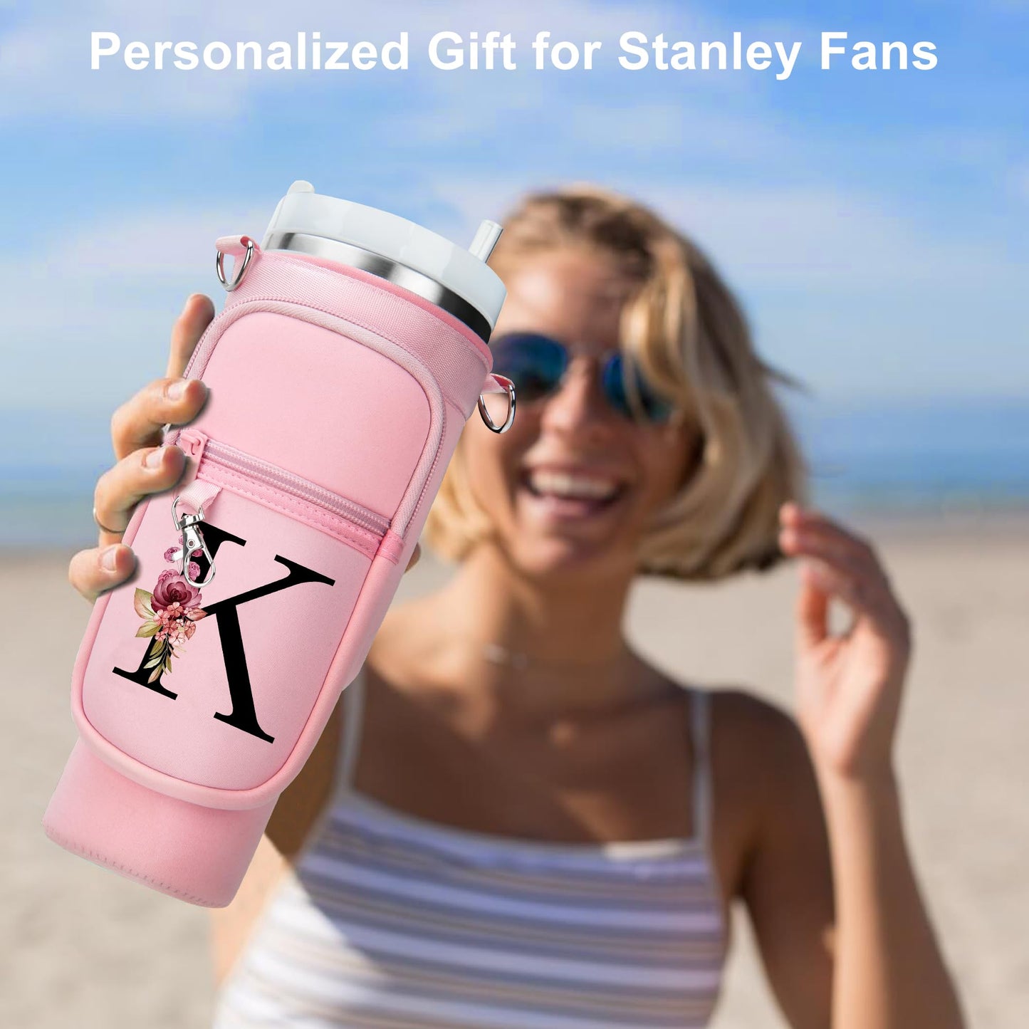 LOKASS Initial Water Bottle Holder with Upgrade Canvas Strap for Stanley 30 oz Tumbler, Gift for Mom Mother's Day Day gifts with Phone Pocket, Personalized Accessories for Stanley Cup, Pink - S