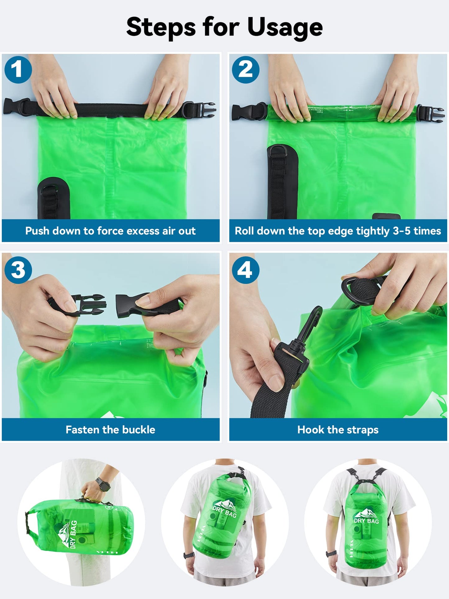 HEETA Waterproof Dry Bag for Women Men, Roll Top Lightweight Dry Storage Bag Backpack with Phone Case for Travel, Swimming, Boating, Kayaking, Camping and Beach, Transparent Green 5L