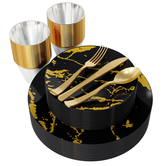 JOLLY PARTY 180PCS Disposable Dinnerware Set 30 Guest, 60 Black and Gold Plastic Plates, 30 Silverware, 30 Plastic Cups, Marble Design Dinnerware for Halloween, Wedding and Parties