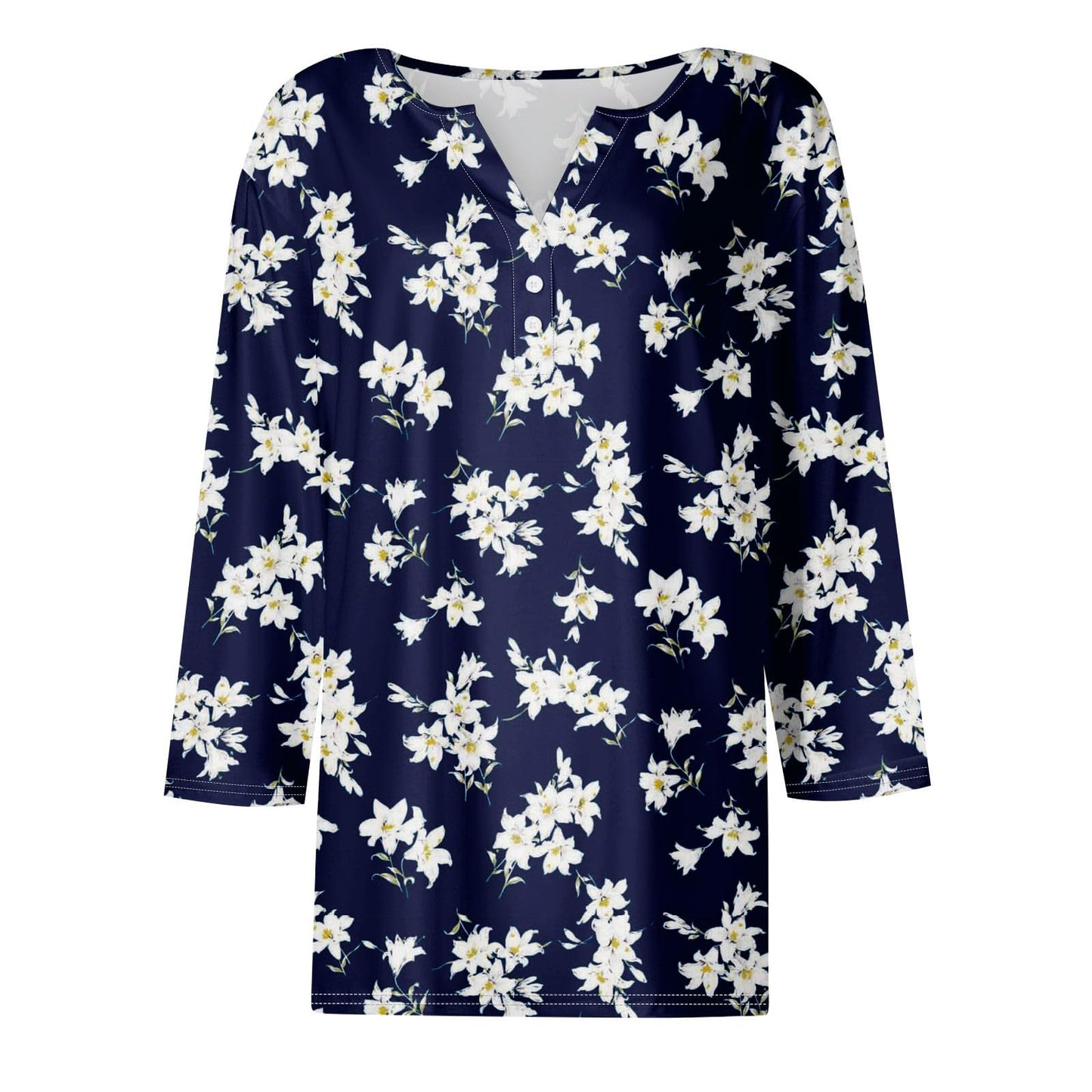 Generic 3/4 Sleeve T Shirts for Women Summer V Neck T Shirts for Women 3/4 Length Sleeve Trendy Tops for Women 2024 Floral Print Blouses for Women Casual Aesthetic Clothes Royal Blue S