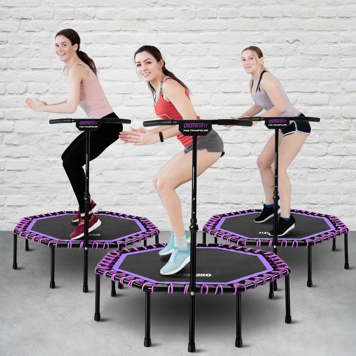 ONETWOFIT 51" Silent Trampoline with Adjustable Handle Bar, Fitness Trampoline Bungee Rebounder Jumping Cardio Trainer Workout for Adults… (Violet)