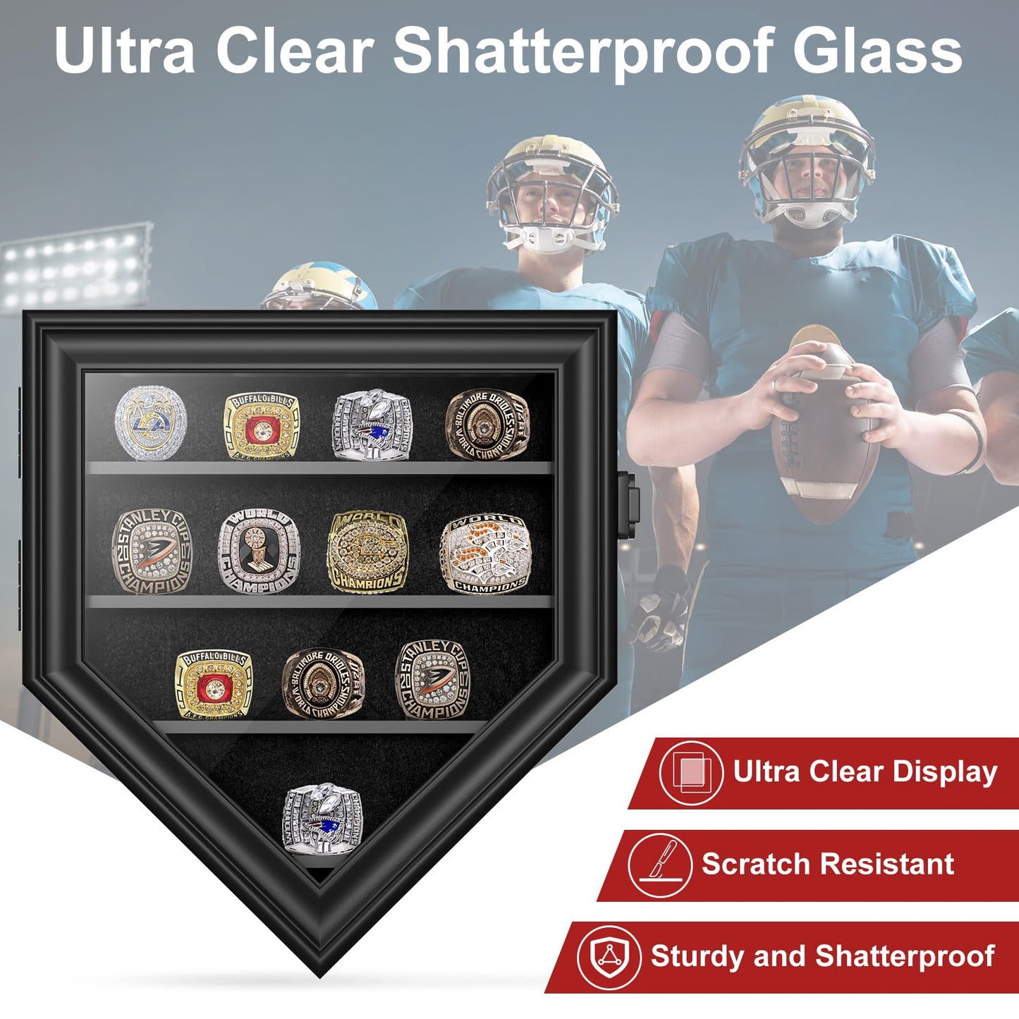 Championship Ring Display Case, 12 Ring Posts Baseball Ring Holder, Baseball Ring Display Case Lockable Wall Mount Wooden Shadow Box for Multiple Championship Rings