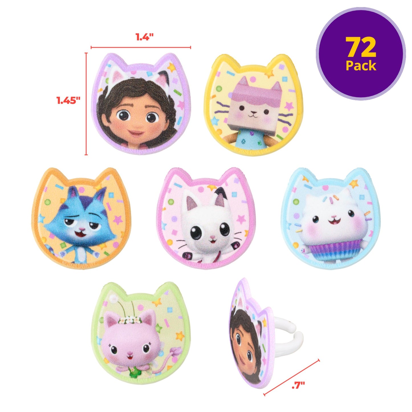 DecoPac DreamWorks Gabby's Dollhouse Rings, 72 Cupcake Decorations Featuring Gabby, Pandy Paws, Irresistible Kitty Characters, and Super Fun Adventures! - 72 Pack