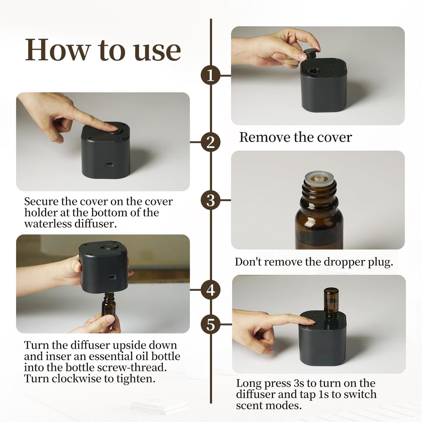 Scent Diffuser Waterless Essential Oil Diffusers with 3 Mist Modes,Cycle Start,Cordless Aroma Air Machine for 200 sq.ft Home/Office/Bedroom,Ultra Quiet,Includes 10ml Oil,Black