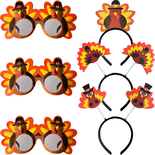 Jovlirz Thanksgiving Turkey Headbands Sunglasses, 3PCS Thanksgiving Glasses Frame & 3PCS Thanksgiving Turkey Head Wear Boppers for Thanksgiving Day Party Favor Costumes Props Fall Theme Party