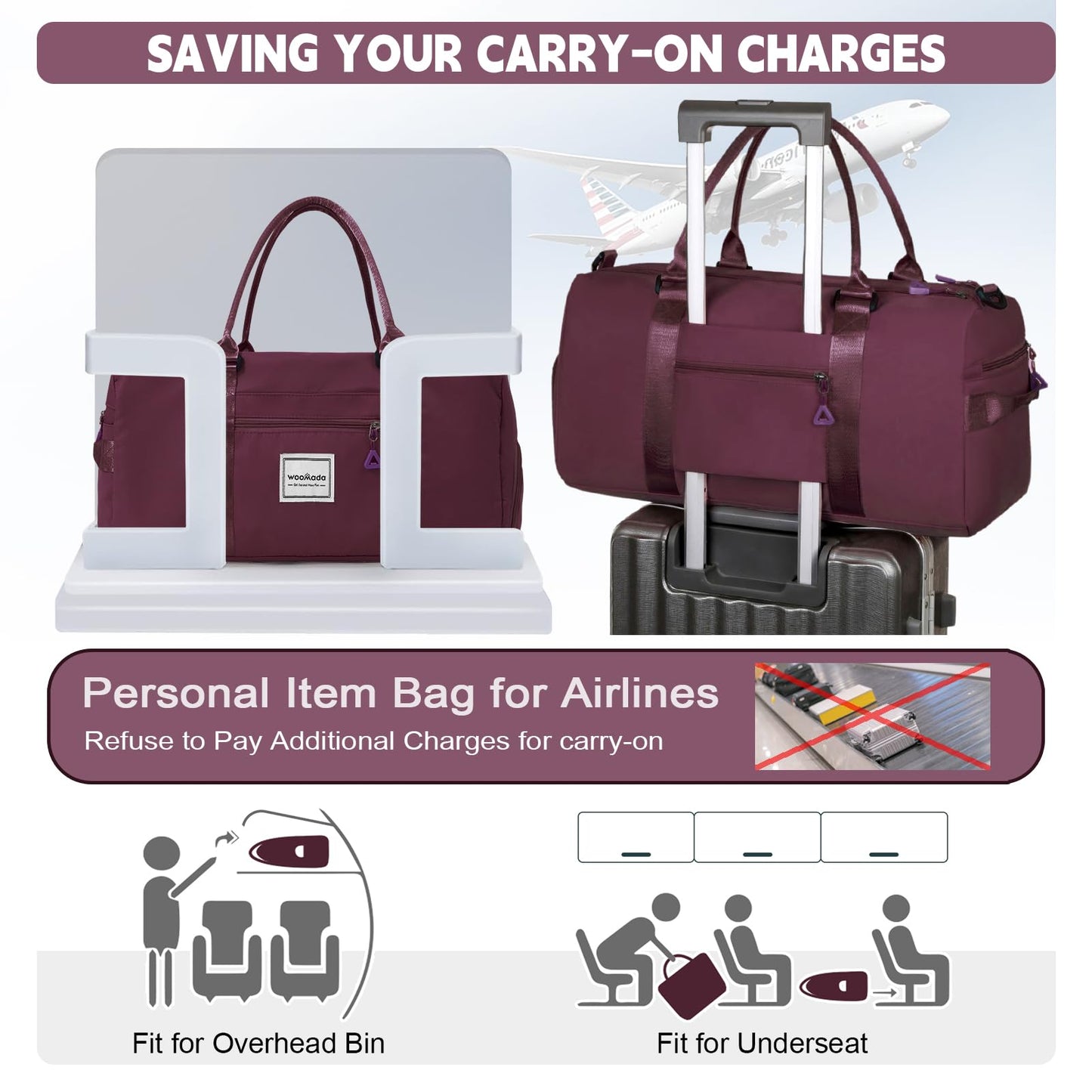 WOOMADA Women's Gym Duffel Bag, Travel Overnight Tote with Shoe Compartment, Large Wet Pocket & Trolley Sleeve, Ideal for Travel, Workout, Sport(Purple)