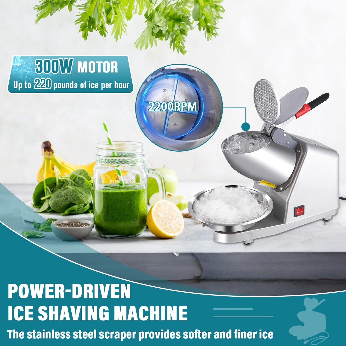 Snow Cone Maker Electric Shaved Ice Machine Stainless Steel - Ice Crusher Ice Shaver, 300W 2000r/min w/Stainless Steel Blade, 110V Ice Crushers Machine for Home and Commercial Use