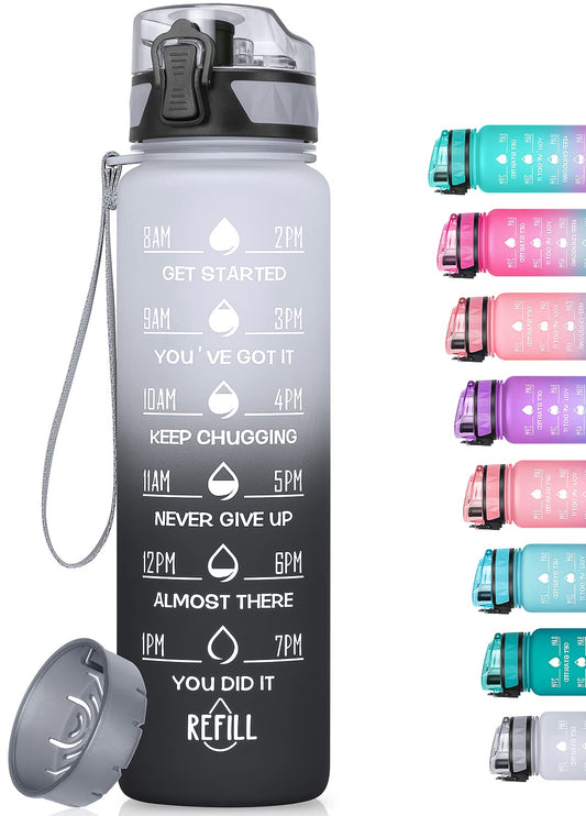 MEITAGIE 32oz/26oz Motivational Water Bottle with Time Marker & Fruit Strainer, Leak-proof BPA Free Non-Toxic 1l Bottle with Carrying Strap, Perfect for Fitness, Gym and Outdoor Sports, Plastic