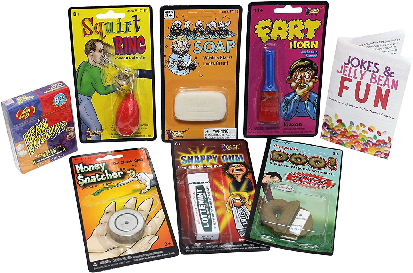 7 Pc Practical Joke Gift Set for Kids w Joke Jelly Beans, Gag Gifts, Prank Jokes & Free Brochure - Great Birthday Party Favor, Stocking Stuffer, Christmas Gift For Boys & more! Comes in gift box!